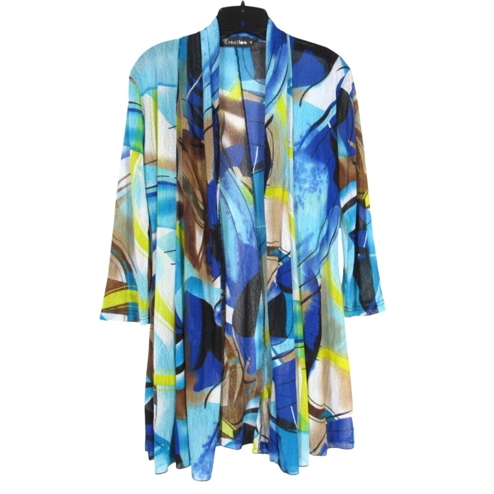 CREATION Mesh Knit ABSTRACT PATTERN Open Front KIMONO DUSTER CARDIGAN Sz M